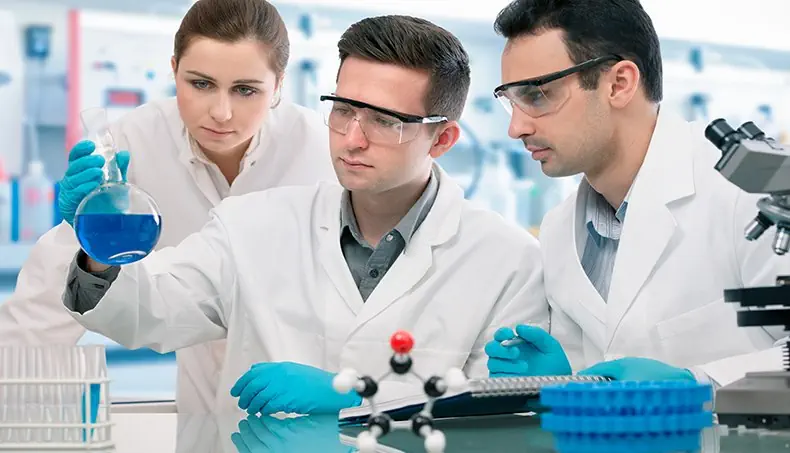 MOLECULE, FLASK, LAB COAT, MICROSCOPE, SCIENTIST