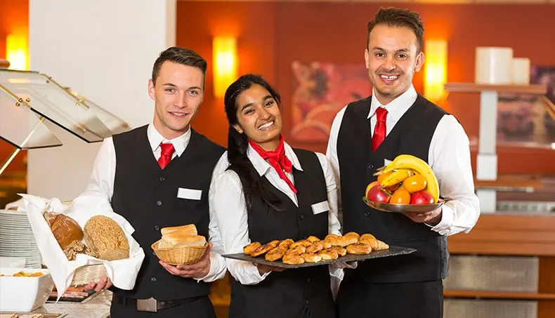 BUFFET, TJENER, FRUGTER, KAGER, BRØD