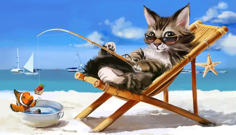 FISHING LINE, SAILBOAT, ROD, DECKCHAIR, KITTEN