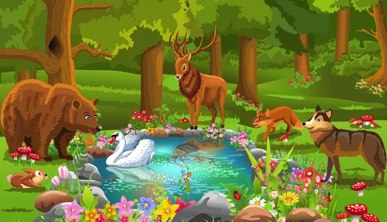 WOLF, SWAN, RABBIT, FLY AGARIC, FOX
