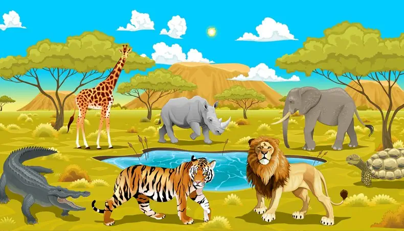 SAVANĂ, TIGRU, CROCODIL, LEU, ELEFANT