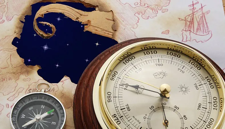 BAROMETER, KOMPASS, NORR, KARTA, SKEPP