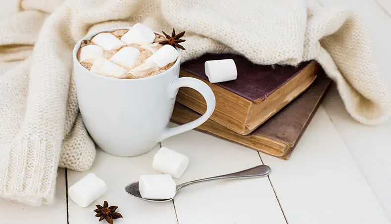 BLANC, CUILLÈRE À THÉ, TASSE, GUIMAUVE, LIVRE
