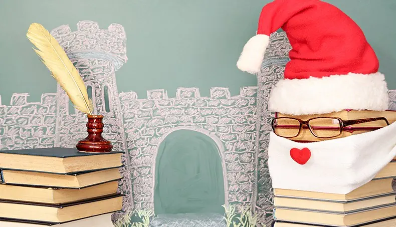 SANTA CLAUS, BOOKS, CASTLE, CHALKBOARD, QUILL