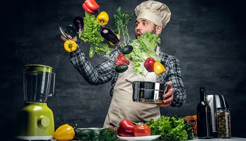 PAN, COOK, CHEF'S HAT, EGGPLANT, SWEET PEPPER