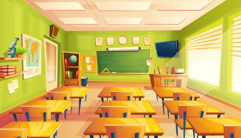 SCHOOL DESK, CHAIR BACK, CHALKBOARD, WORLD MAP, CLASSROOM