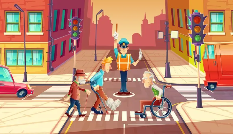 GYPSUM, CRUTCHES, WHEELCHAIR, OLD MAN, TRAFFIC LIGHT