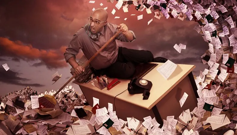 PHONE, STAPLER, BROOM, DOCUMENTS, TABLE