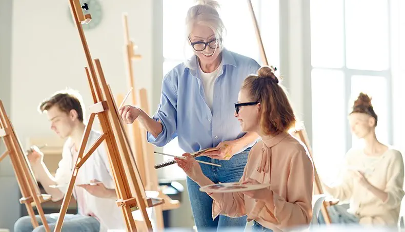 LESSON, PAINTING, TEACHER, STUDENTS, EASEL