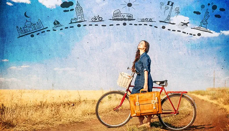 BICYCLETTE, VALISE, CAMPAGNE, BAS-CÔTÉ, FILLE