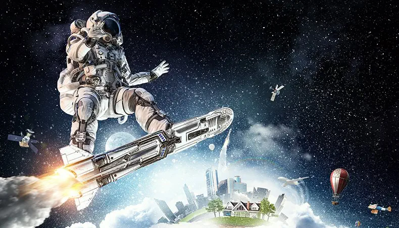 ASTRONAUTE, SATELLITE, AVION, FLAMME, VILLE