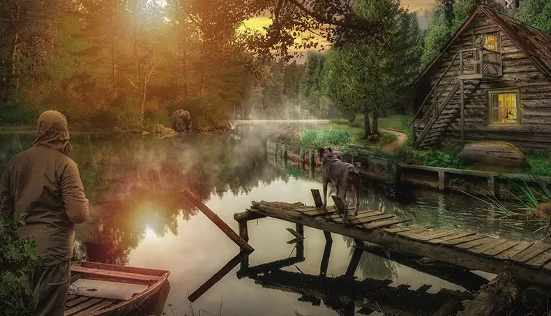 HUT, GRIZZLY, RIVER, BACKWATER, BOAT