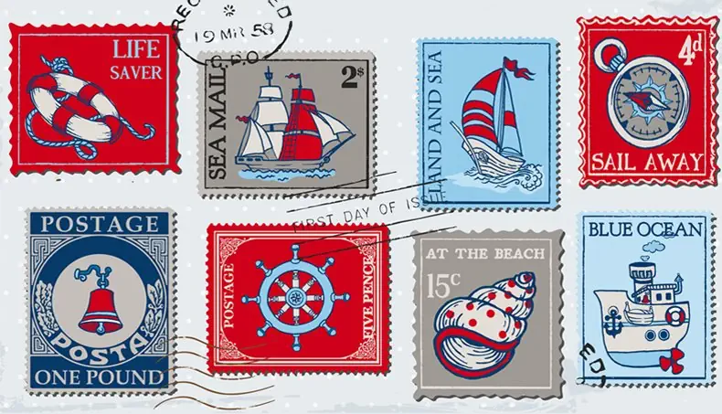 BRIEFMARKE, STEMPEL, SEGELBOOT, RETTUNGSRING, KOMPASS