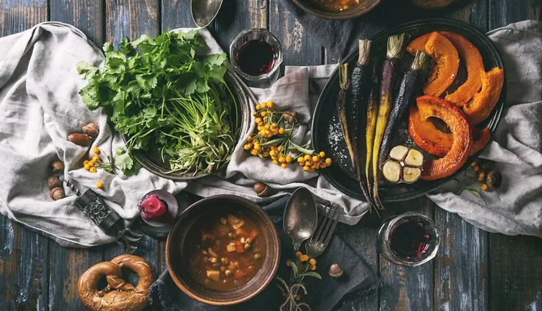 PRETZEL, SOUP, NUTS, VEGETABLES, PUMPKIN