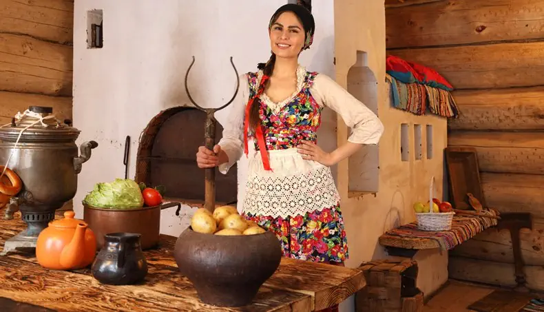 PEASANT WOMAN, POTATOES, OVEN, CABBAGE, SAMOVAR