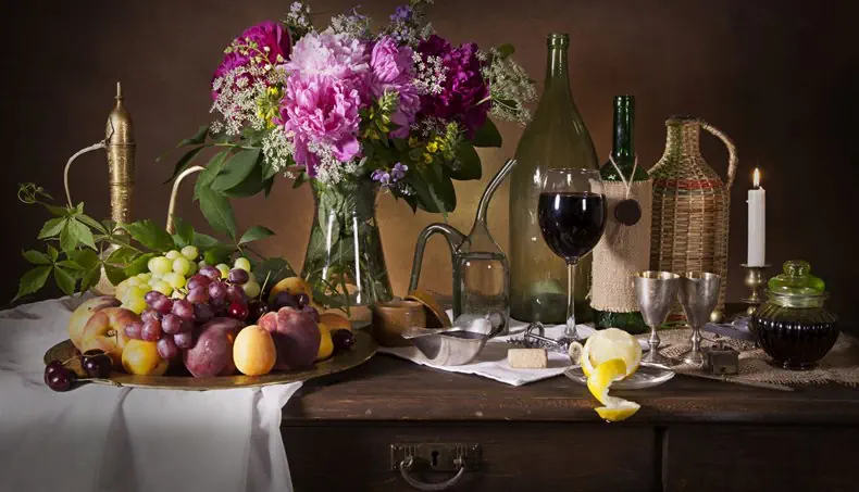 GRAPES, CARAFE, PEONY, WINE, ZEST