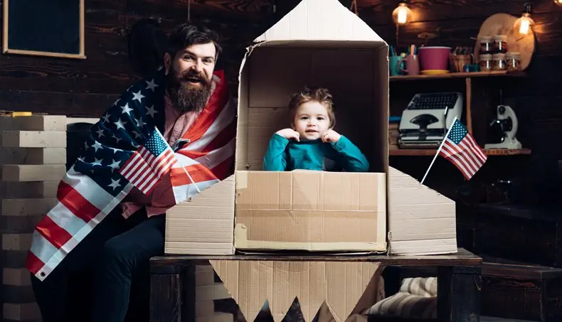 MODEL, ROCKET, BEARDED MAN, BOY, FLAG