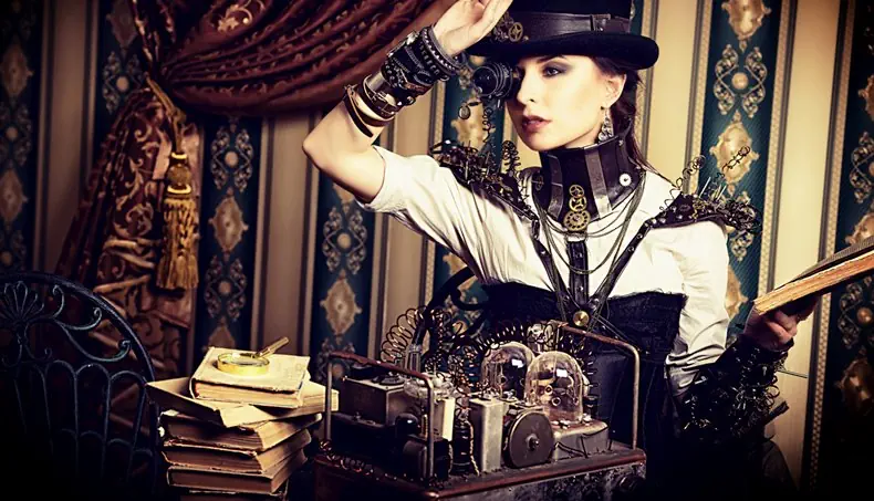 STEAMPUNK, PAPEL PINTADO, CORSÉ, LUPA, CORTINA