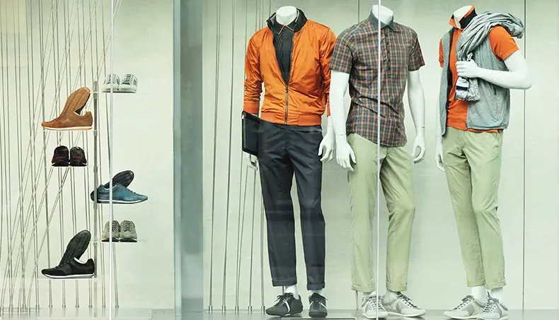 VITRINE, BOUTIQUE, VÊTEMENTS, MANNEQUIN, CHAUSSURES