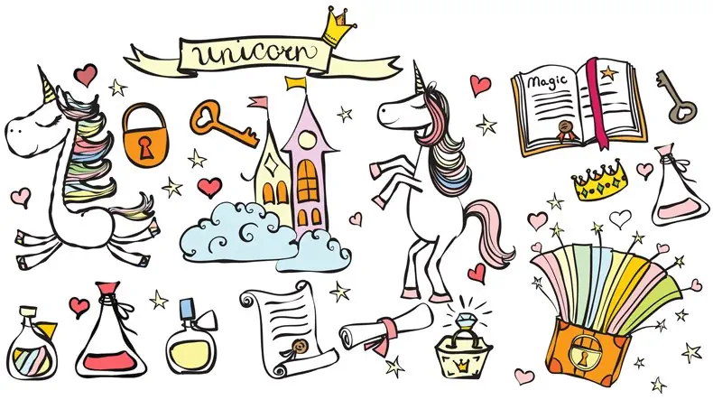 UNICORN, PADLOCK, CASTLE, KEY, SCROLL