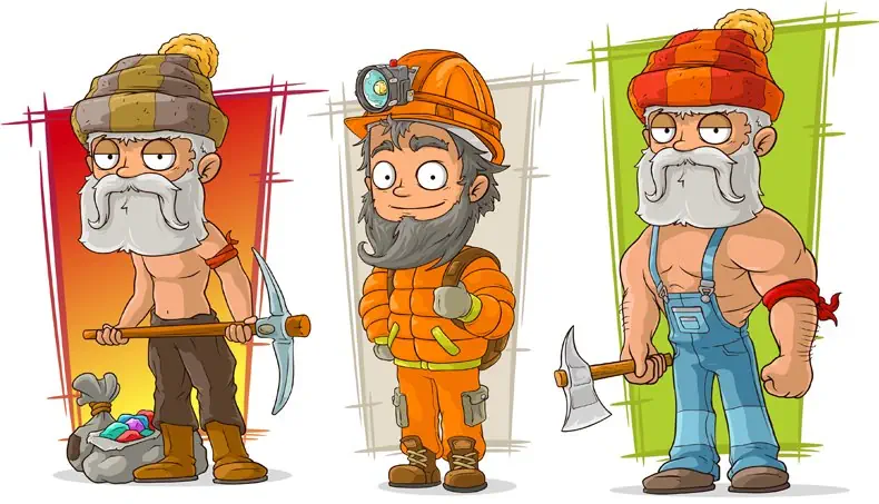 MINER, LUMBERJACK, AXE, PICK, FLASHLIGHT