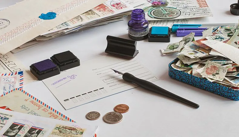 POSTAGE STAMP, INK, COINS, POSTCARD, ENVELOPE