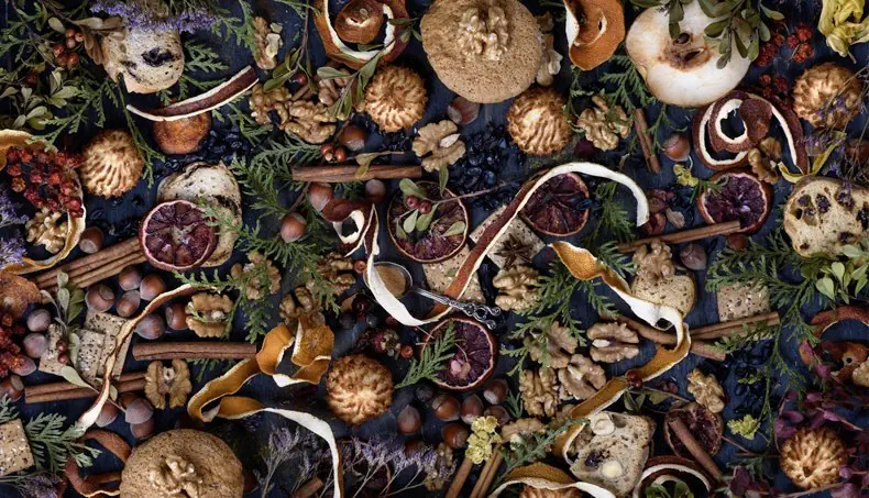 HAZELNUTS, WALNUTS, CINNAMON, ZEST, TWIG