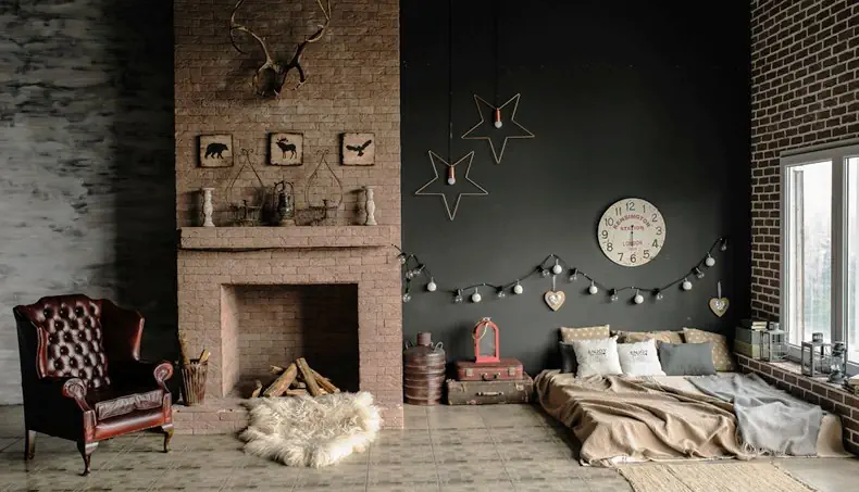 KOMINEK, FOTEL, ŁÓŻKO, OKNO, LOFT
