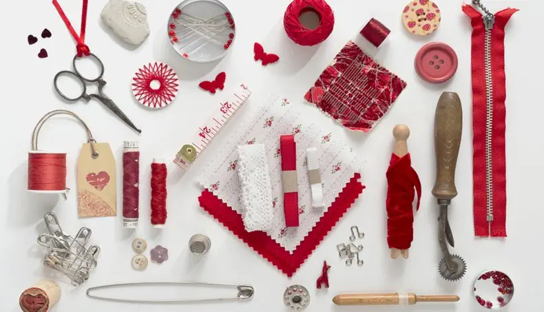 NEEDLE, SAFETY PIN, THIMBLE, BEADS, BUTTON