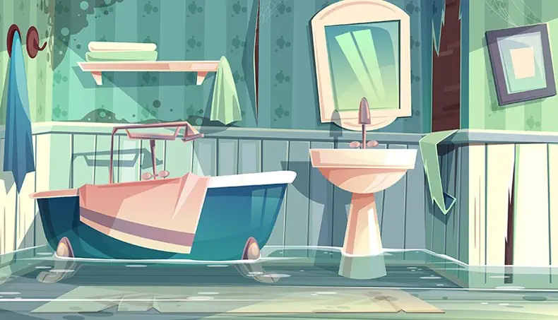 FLOOD, BATH, SINK, MIRROR, WALLPAPER