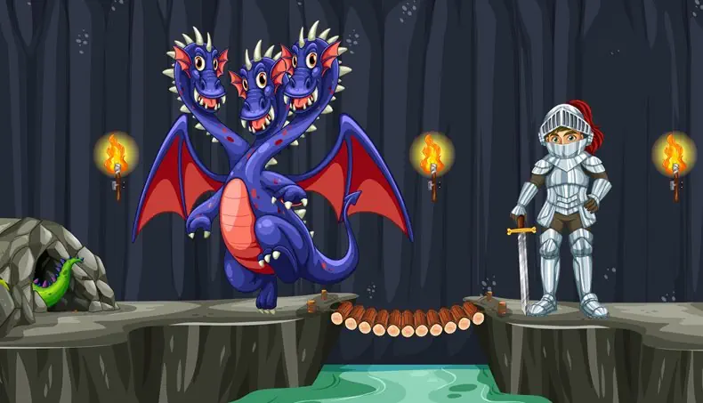 KNIGHT, BRIDGE, TORCH, SWORD, THREE-HEADED