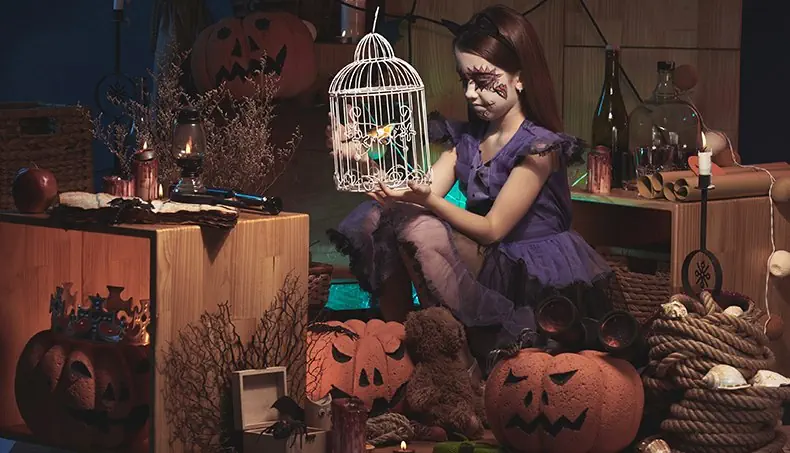 CAGE, SPIDER, CANDLE, GIRL, DRESS
