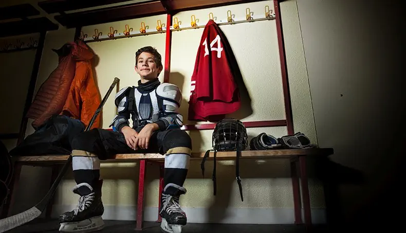 NUMBER, ICE SKATES, HOCKEY STICK, HELMET, BENCH