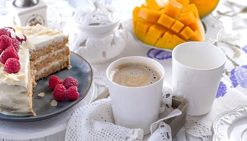 MANGO, RASPBERRIES, CAKE, EMBROIDERY, COFFEE