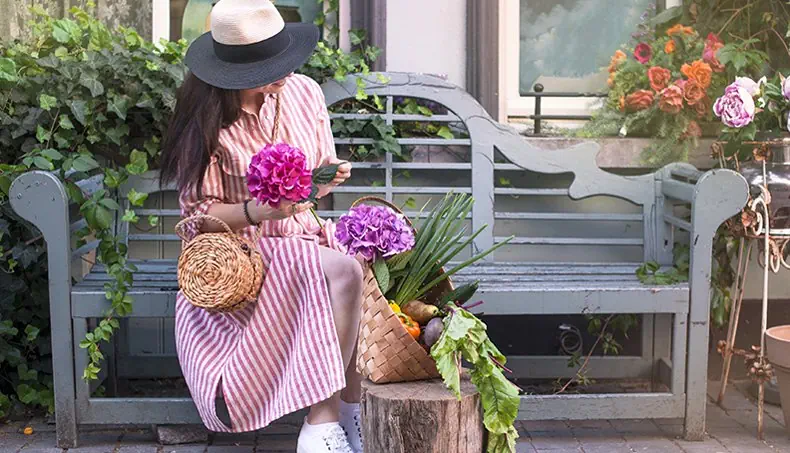 HYDRANGEA, BENCH, HAT, IVY, STUMP