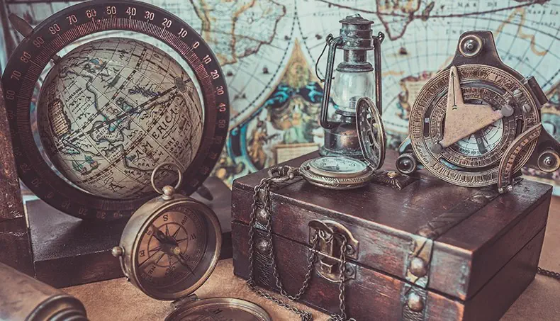 GLOBE, COMPASS, CHAIN, CASKET, WORLD MAP