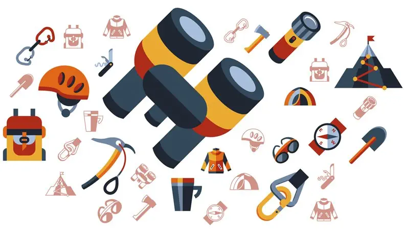 BINOCULARS, ASCENT, SHOVEL, AXE, COMPASS