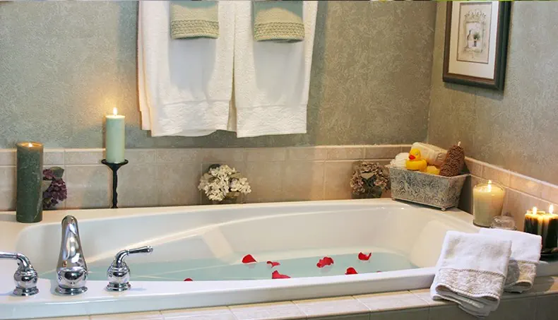 BAIN, EAU, PÉTALES, BOUGIE, IMAGE