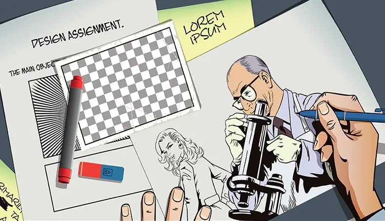 COMICS, ERASER, MARKER PEN, MICROSCOPE, SCIENTIST