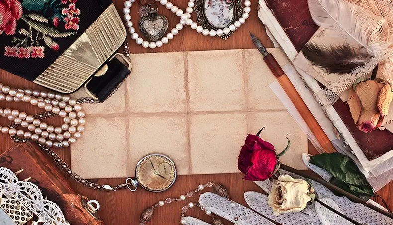BEADS, POCKET WATCH, FEATHER, QUILL PEN, ROSE