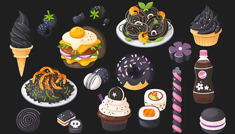 BLACK, ICE CREAM, LIQUORICE, FRIED EGG, HAMBURGER