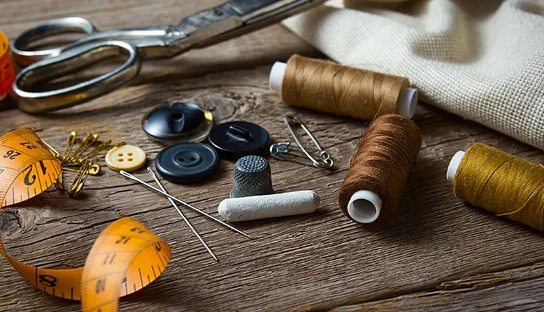 SCISSORS, MEASURE TAPE, NEEDLE, SAFETY PIN, BUTTON