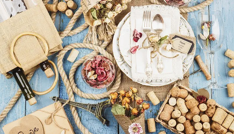 DRY FLOWERS, SILVERWARE, EIFFEL TOWER, ROPE, TAG