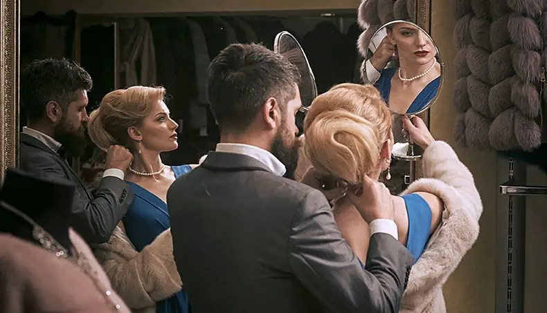 ESPELHO, REFLEXÃO, PENTEADO, ABRIGO DE PELE, JAQUETA