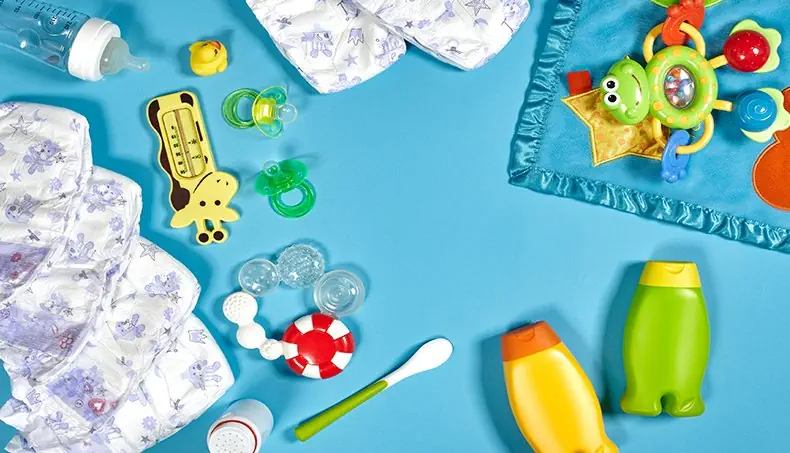 DIAPER, THERMOMETER, TALCUM POWDER, BABY RATTLE, TEAT