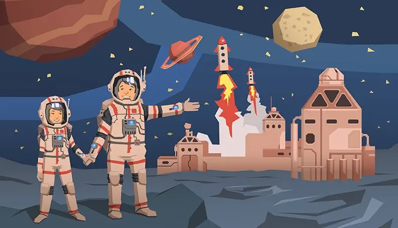 ASTRONAVT, PLANET, RAKETA, IZSTRELITEV, VESOLJSKA POSTAJA