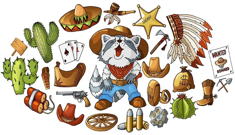 CACTUS, SELLE, RATON LAVEUR, SHÉRIF, BALLE