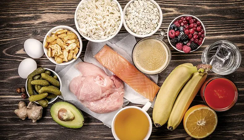PLÁTANO, ENCURTIDOS, AVENA, FRUTOS ROJOS, HIELO