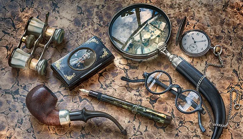 PORTRAIT, TOBACCO PIPE, QUILL PEN, GLASSES, POCKET WATCH