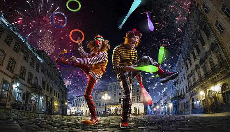 PAVING STONE, CLOWNS, FIREWORKS, PLAZA, BERET
